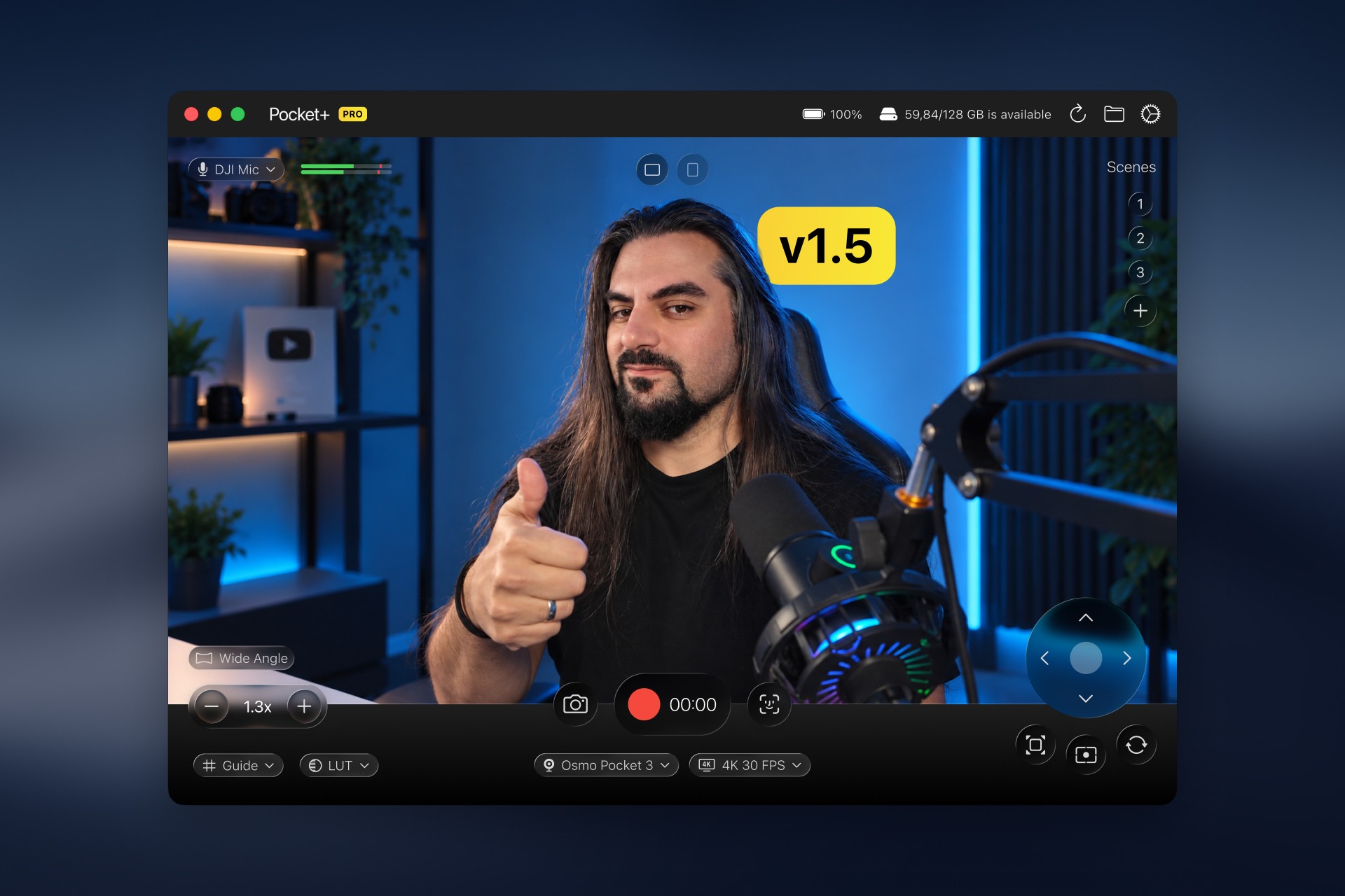 Pocket+ showing a live Osmo Pocket picture with zoom, record, scenes, LUT and 4K controls